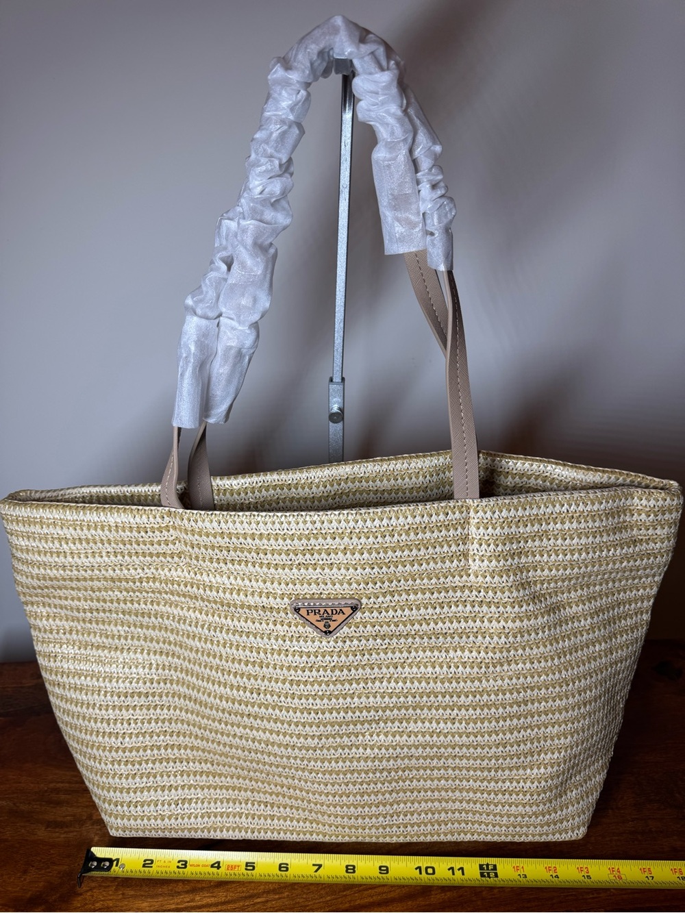 Neutral Woven Straw Tote with Beige Top Handles. No Brand.